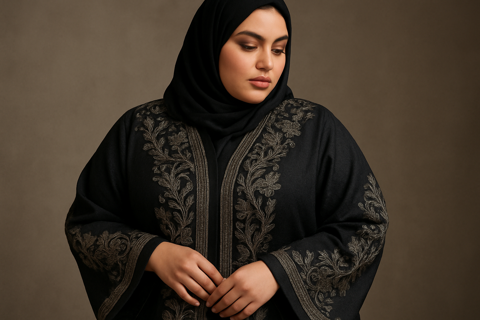Beautiful curvy Arabic Women wearing classical premium handwork abaya close shot